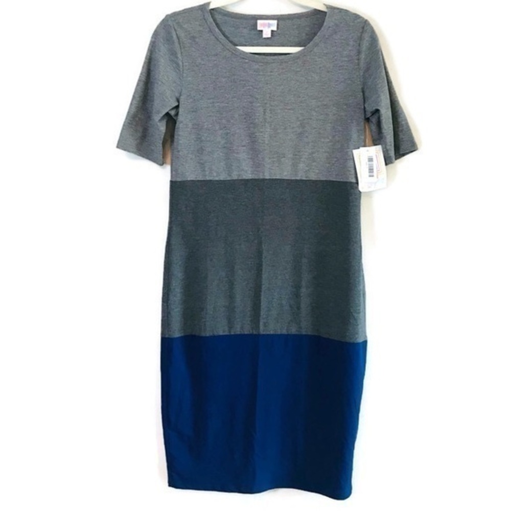 NWT LuLaRoe Julia Dress Blue Gray High neck Color Block LLR Women’s size Small